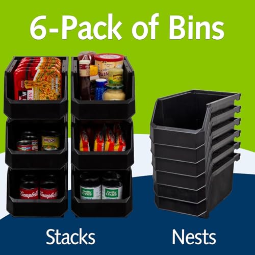Image of ReadySpace Large Plastic Storage Bins, Stackable Organizer Containers for Closet Pantry Shelf Garage and Office Organization, Black, 6 Pack