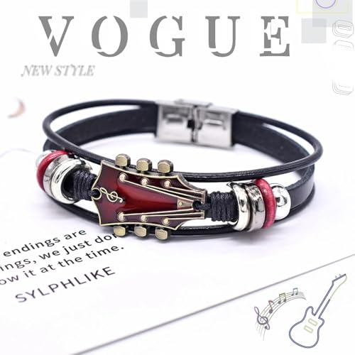 Image of Leather Bracelet for Men, Stylish Music Themed Guitar Bracelet, Adjustable Wristband for Casual Wear, Red, Hand Chain Leacther Music Themed Gifts, 20.5 cm