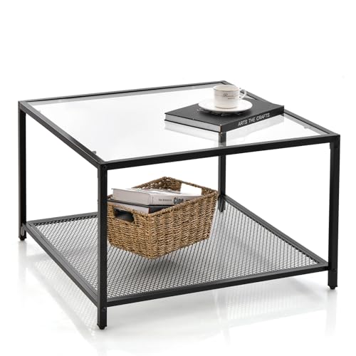 LIFEZEAL Mesa Centro de Vidrio Templado, Mesa de café Cuadrada con Estructura de Metal, Mesa de de Cristal con Estante de Malla Abierto para salón, Oficina (Transparente, con Estante)