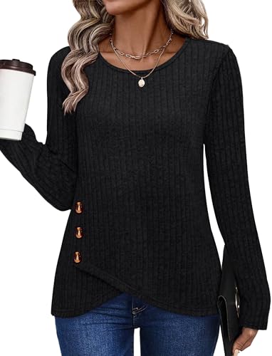 XIEERDUO Tunic Sweaters for Women Long Sleeve Shirts Crew Neck Tops with Buttons Fall Fashion Outfits Winter Clothing
