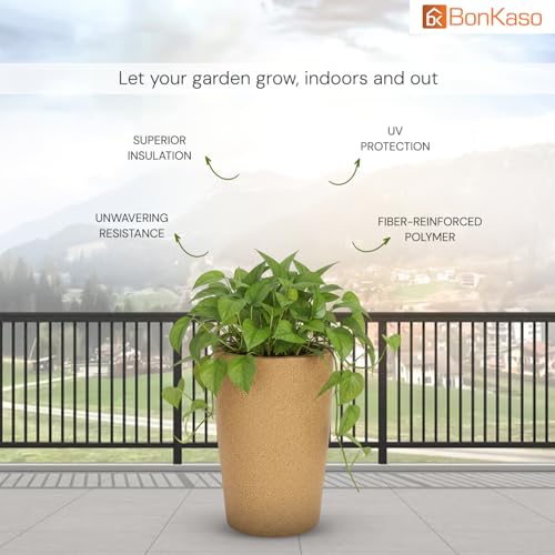 Image of BonKaso 18 inch Beige Pot - Tall, Durable & Lightweight Polymer Round Tower Planter for Indoor & Outdoor Use: Home, Office, Garden & Balcony (Gamla /Gamale)