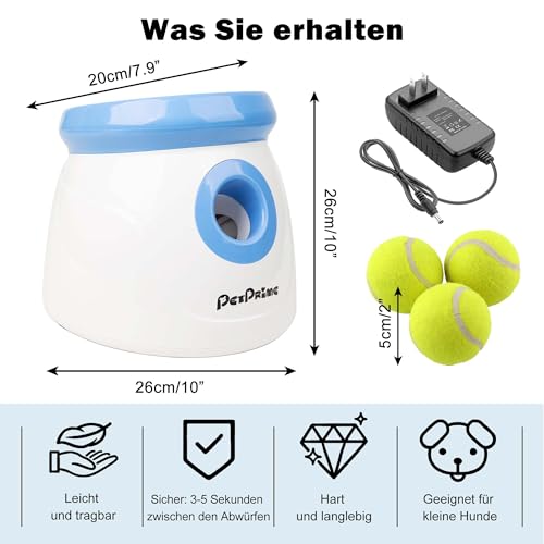 Pet Prime Automatischer Ballwerfer, Hunde Ball Interaktive Ballwurfmaschine, 3 Tennisbälle Inkl, Interaktive Ballmaschine für kleine und mittlere Hunde - Wurfweite 3-9 Meter, Mini Style(Weiß)