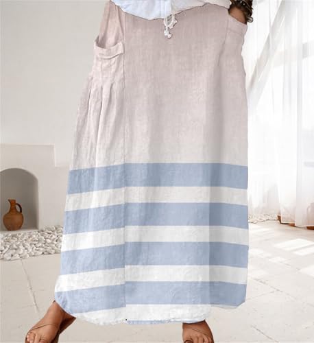 Linen Maxi Skirts for Women Boho Floral Striped High Waisted Casual Long Skirt with Pockets4
