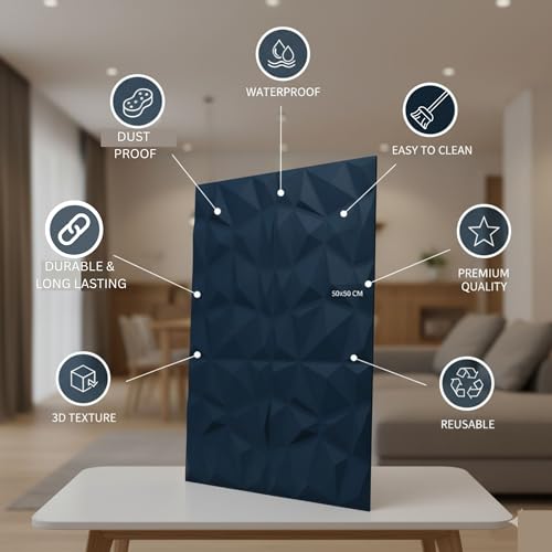 Image of Kayra Decor Wall Panels for Bedroom - PVC Diamond Design, Navy Blue Color 19.7 inch X 19.7 inch (Pack of 40) - Covers 107.80 Sq. Ft.