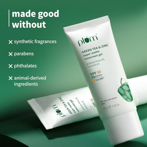 Image of Plum Green Tea & Zinc Super-Matte Gel Sunscreen SPF 50 PA ++++ 30 g | Formulated for Oily, Combination and Acne Prone Skin | Protects & Controls Oil | Lightweight, No White Cast & Non-Sticky