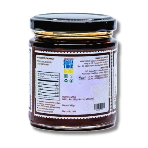 Image of MAVI's Honey Fermented Garlic | Long Ferment | Organic Garlic Pods and Wild Raw Honey | 100% Natural & Organic | No Preservatives, Artificial Flavour, Colour or Sweetener | 200g | Pack of 1