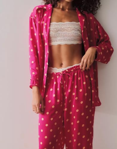 Image of Women Floral Satin Pajamas Long Sleeve Button Shirt Silk Wide Leg Pants Set