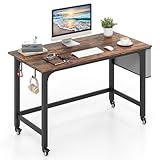 COSTWAY Rolling Computer Desk, 120cm Mobile Study Table Writing Workstation with Lockable Wheels, Storage Bag and 2 Headphone Hooks, Metal Frame PC Laptop Table Working Desk (Brown)