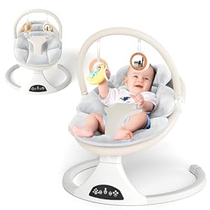 Electric Baby Swing with Remote Control – 5 Natural Motion Speeds, Detachable Seat Pad | Portable Infant Swing for Indoor/Outdoor Use (0-12M, 27lbs) (Beige)
