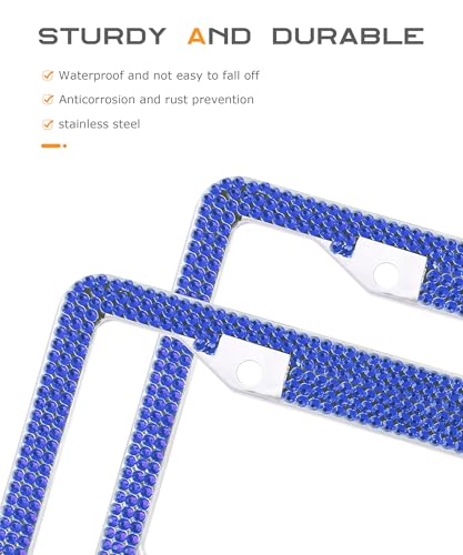 SCUARI Car Rhinestone License Plate Frame,Bling License Plate Frame,Cute Girly Car Accessories,Shiny Rhinestones Premium Licenses Plates Holder with Mounting Bolts,Fits Cars,SUVs (Dark Blue&White) - Thumbnail 3