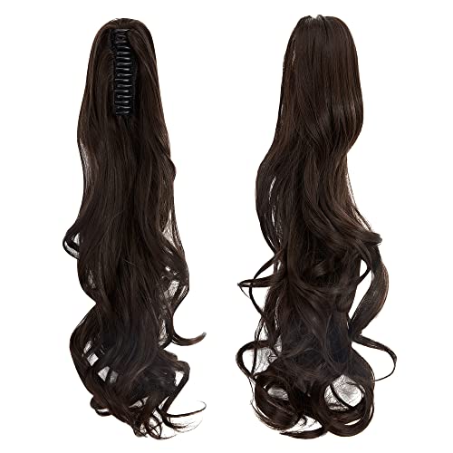 FUT Womens Claw Ponytail Clip in Hair Extensions 18" Long Curly Hairpiece Medium Brown - Thumbnail 3