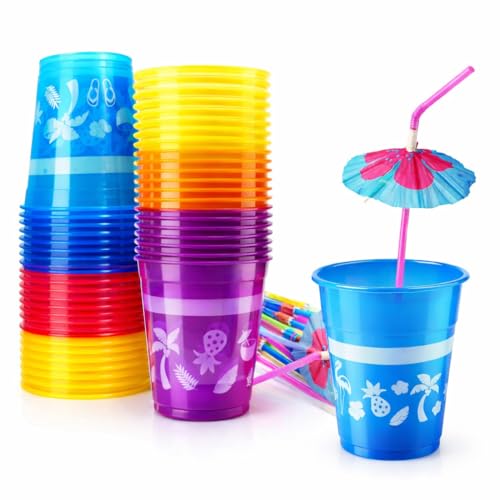 4E's Novelty 48 Packs Tropical Party Cups with Parasol Straws - Disposable Plastic Cups 16oz BPA free, for Hawaiian Luau Party and Pool Parties, Beach Theme Birthday Decorations for Kids & Adults