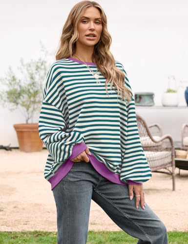 Image of UEU Women Oversized Striped Crewneck Sweatshirt Long Sleeve Color Block Pullover Tops Casual Loose Workout Shirt