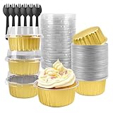 Aluminium Foil Cake Cups with Lids Muffin Tins, Mini Cake Pans, Mini Bread Moulds with Lids, Disposable Baking Cups with Lids - 50 Pack of 5 oz Round Aluminium Foil Cake Baking Cups-Gold