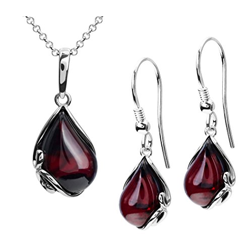 Cherry Amber Sterling Silver Earrings Pendant Necklace Set Chain 18