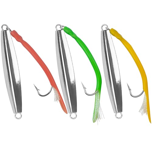 Diamond Jigs Saltwater Fishing Lures, 3Pack Casting Jigging Spoon with Tube Tail Striped Bass Metal Jig Spoons Deep Sea Offshore Surf Fishing mix-1oz