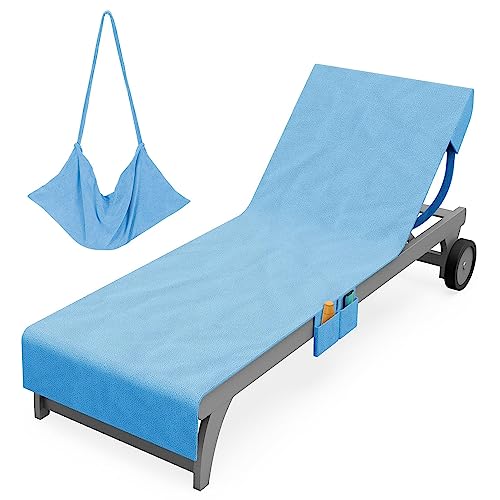 Vinsani Sun Lounger Beach Towel Carry with Pockets Sand Free Compact Bag Soft Microfibre Quick Dry Lightweight 215 x 73 cm for Holiday Summer Garden Swim Pool Beach Lounger Towels – Blue
