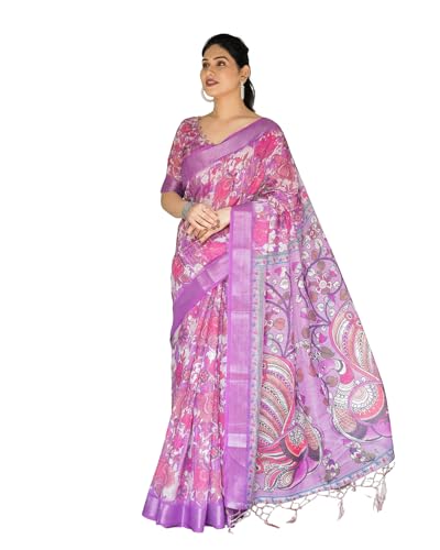 Image of Kaugalian store Linen Cotton Floral Printed Saree for Women with Unstitched Blouse Piece | 5.5 M Saree & 0.8 M Blouse