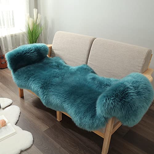 Premium Genuine Fur Sheepskin Rug Real Australia Sheepskin Natural Luxury Fluffy Lambskin Fur Area Rug Seat Covers for Kids Bedroom Sofa Chair Cover (Dark Aquamarine, Double Pelt/2ft x 6ft)