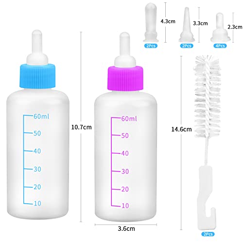 60 ml Haustiere Aufzuchtflasche Pet Milchflasche Haustier Babyflasche Kit mit Reinigungsbürste und Ersatznippeln für Kätzchen und Kleintiere - 3 Nippelgrößen
