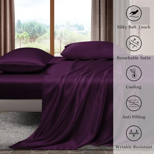 Image of Homestan Satin Bedsheet for King Size Bed with 2 Pillow Covers, Modern Bed Sheet for Romantic Nights(100x108 inches, Wine)