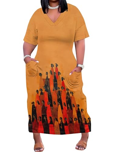 Image of Plus Size Maxi Dress for Women Short Sleeve V Neck Casual Loose Sundress with Pockets