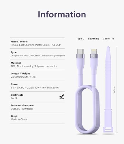 Câble USB C vers Lightning 2m violet Ringke anti-nœud pour charge rapide iPhone 14 - 7