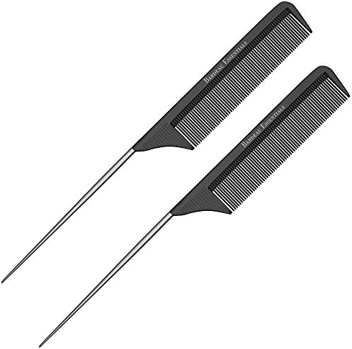 Professional 8.8 Inch Tail Comb (2 Pack) - Black Carbon Fiber And Stainless Steel Pintail - Anti Static And Heat Resistant Teasing Comb - Lightweight Tail Comb For All Hair Types By Bardeau Essentials