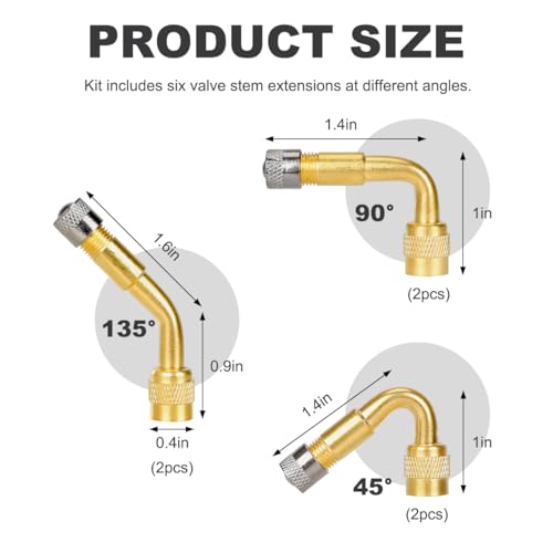 Image of Wevdn 6 PCS Valve Stem Extenders, 45 90 135 Degree Angled Automotive Tire Valve Extension Adaptor, Universal Valve Stem Extension for Car Motorcycle Scooter, Car Accessories (Golden)