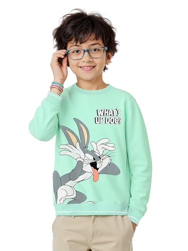 Image of The Souled Store Looney Tunes: What's Up Doc Boys Round Neck Long Sleeve Blue Graphic Print Regular Fit Sweatshirts Sweatshirts Pullovers Graphic Printed Color Sportswear Casual Warm Cozy