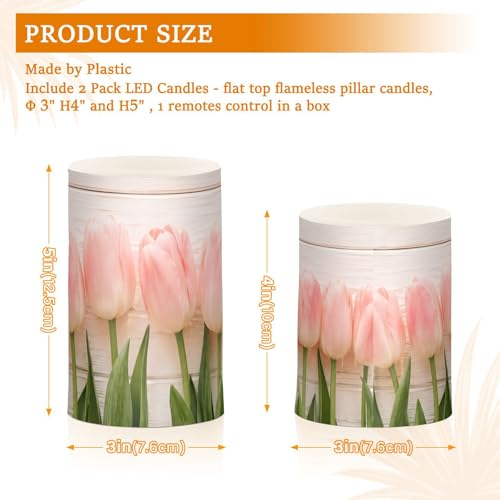 Image of Lights Flameless Candles Spring Pink Tulip Flower Pillar Candles Set of 2 Battery Operated Remote Control Warm Lights Home Decor