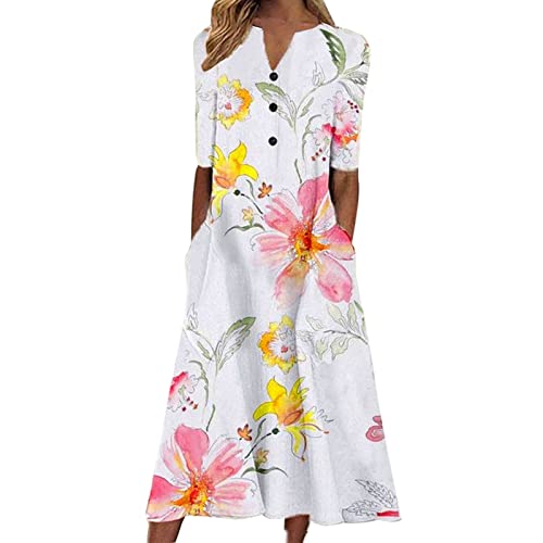 Casual Dresses for Women Summer Loose Solid Color 3 4 Sleeve Notch V Neck Button Down Maxi Vacation Dress with Pockets