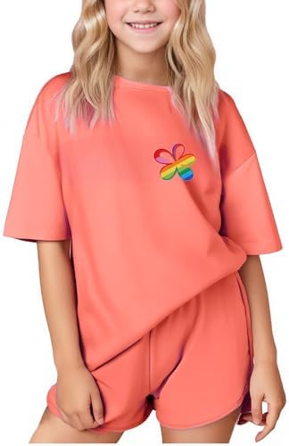 SELINK Girls Travel Outfits Set Rainbow Striped Two Piece Lounge Sets Casual Sweat Tracksuit Matching Runner Shorts