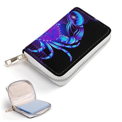 Women Leather Coin wallet, Key Change Organizer Zipper Card Holder Purse Clutch Pouch Pocket 4.5x3.15 in Print Bright Blue Neon Signs of the Zodiac Cancer on Dark2