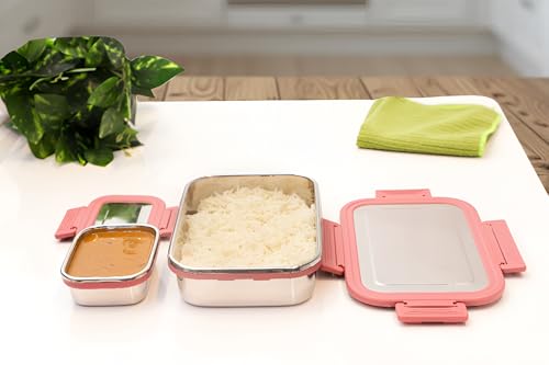 Image of Premium Stainless Steel Lunch Box, 700ml + 200ml, Leakage Proof /Airtight Containers Lunch /Tiffin Box for School, Office Use, Bento Lunch Box for Kids /Boys /Girls, 4 Side Clip Lock Lid (Pink)