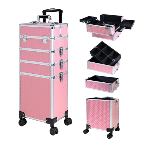 Professional Rolling Makeup Case, Cosmetology Case on Wheels 4 in 1 Large Cosmetic Train Case, Ideal Gift for Hairstylist, Nail Techs, Portable Beauty Organizer for Travel or Salon Use,pink