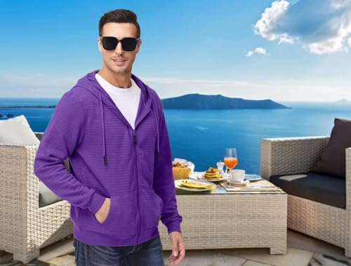 Satankud Men's Jacquard PlaidCloth Lightweight Zipper Hoodie Sweatshirt Jacket Purple Large — view 2