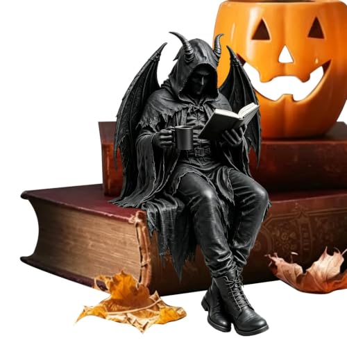 Generico Figura Fantasy Misteriosa con libro e caffè, scultura decorativa per libreria o scrivania, regalo per appassionati di fantasy.