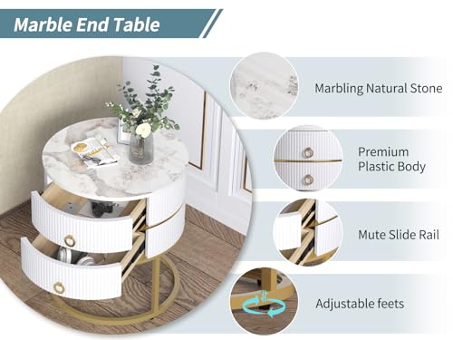O&K FURNITURE Marble End Table with Storage, Round Nightstand with Drawer, White and Gold Side Table Metal Legs for Bedroom Living Room, Bedside Table Furniture, Marbling Natural Stone