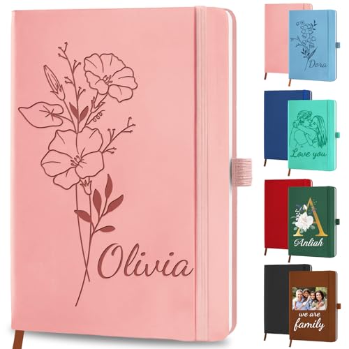 SIMIEEK Personalised Leather Notebook Custom Birth Flower Journal with Engraved Name Text Logo, Customised Birthday Office Business Gifts for Women Men Students Teacher
