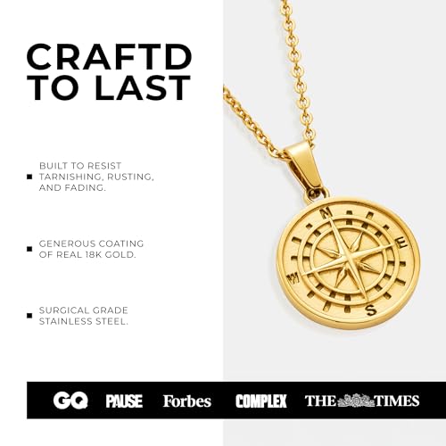 CRAFTD | Compass Pendant Necklace | 20.5" Chain Link with 20MM x 20MM Pendant | Waterproof, Heat & Sweat Resistant | Gifts for Men | Men's Jewelry |4