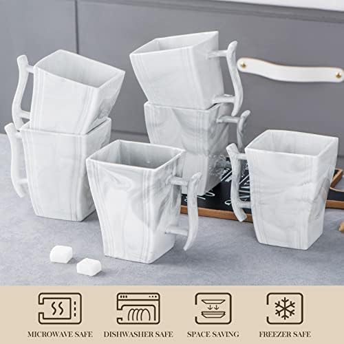 MALACASA, Series Flora, 6-Piece 4.5" Marble Grey Porcelain Mugs 11.5 OZ Square Coffee Mugs Coffee Service Mug Sets