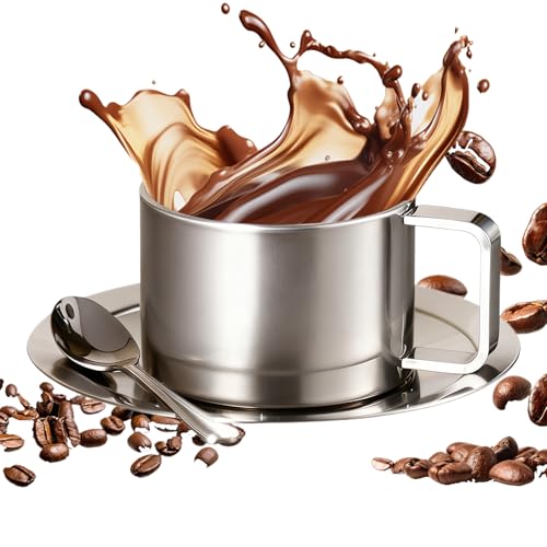 ステンレスカップ | 200ml 二重壁 こぼれ防止 家庭用品 スプーン付き,コーヒーカップとソーサー - アウトドア ガーデン パーク ヤード バルコニー ゴルフ ピクニック キャンプ パーティー 家庭用品 ウィスキー ビール 紅茶用