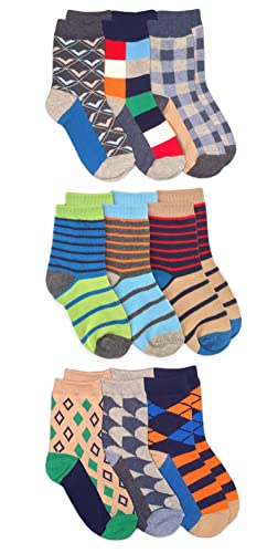 Jefferies Socks Boys Fashion Novelty Dinosaur Stripes Pattern Variety Crew Socks 9 Pair Pack (Medium, Multi Print)
