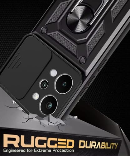 Image of WOW IMAGINE Tough Armor Bumper Mobile Back Case for Realme P4 Power 5G | Narzo Power 5G | Sliding Camera Cover | Shock Proof 360 Protection | Hybrid PC + TPU | Ring Holder with Kickstand - Black