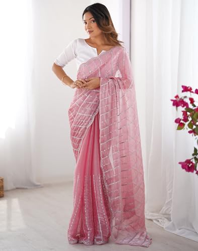 Image of SIRIL Women's Shimmer Chiffon Sequence Embroidery Saree With Unstitched Blouse Piece for Wedding and Parties
