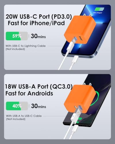 Image of [4 Pack] USB C Charger Block Fast Charging Multiport Adpater [PD 20W USB-C & QC 3.0 USB-A Port] for iPhone 17 /16 /15 /14 /13 /12 /11 /X /9, iPad, Galaxy, Google & More [Orange]