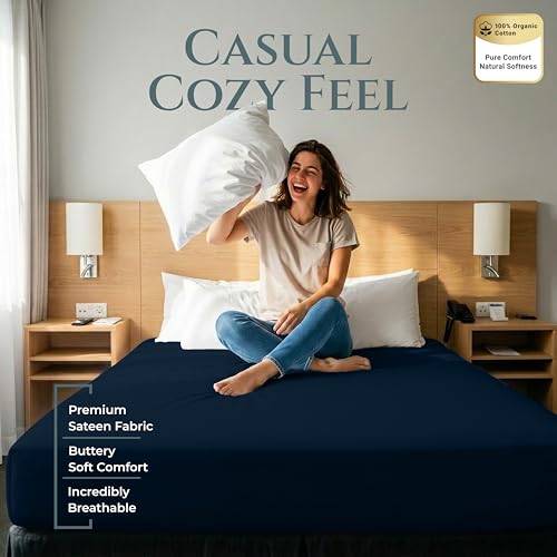 Image of Royale Linens 400 Thread Count Full Size Fitted Sheets Only - 100% Cotton Fitted Sheets Only - Luxury Sateen Weave - All Around Elastic Deep Pocket Bottom Sheet - Soft & Durable - Fit Up To 16 inch (Navy)