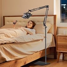 Tryone Tablet Floor Stand for Kindle Holder E-Book Bed Mount with Page Turner Remote & Flexible Adjustable Arm, 1.85 kg Heavy-Duty Metal Base Compatible with Devices from 4.7-16.1 inches Black