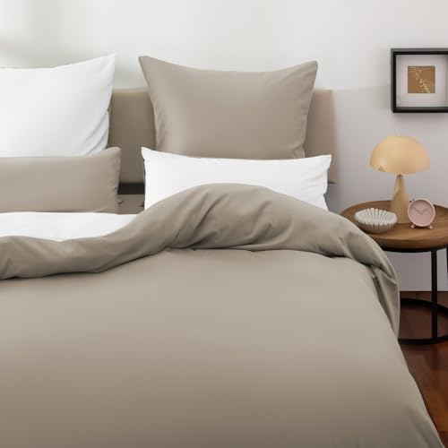 Blumtal Wendebettwäsche 135x200cm 4teilig - aus atmungsaktiver Mikrofaser - 2X Bettbezug 135x200 + 2X Kissenbezüge 80x80 - Oeko-Tex - weiches & bügelfreies Bettwäsche-Set Taupe/Weiß
